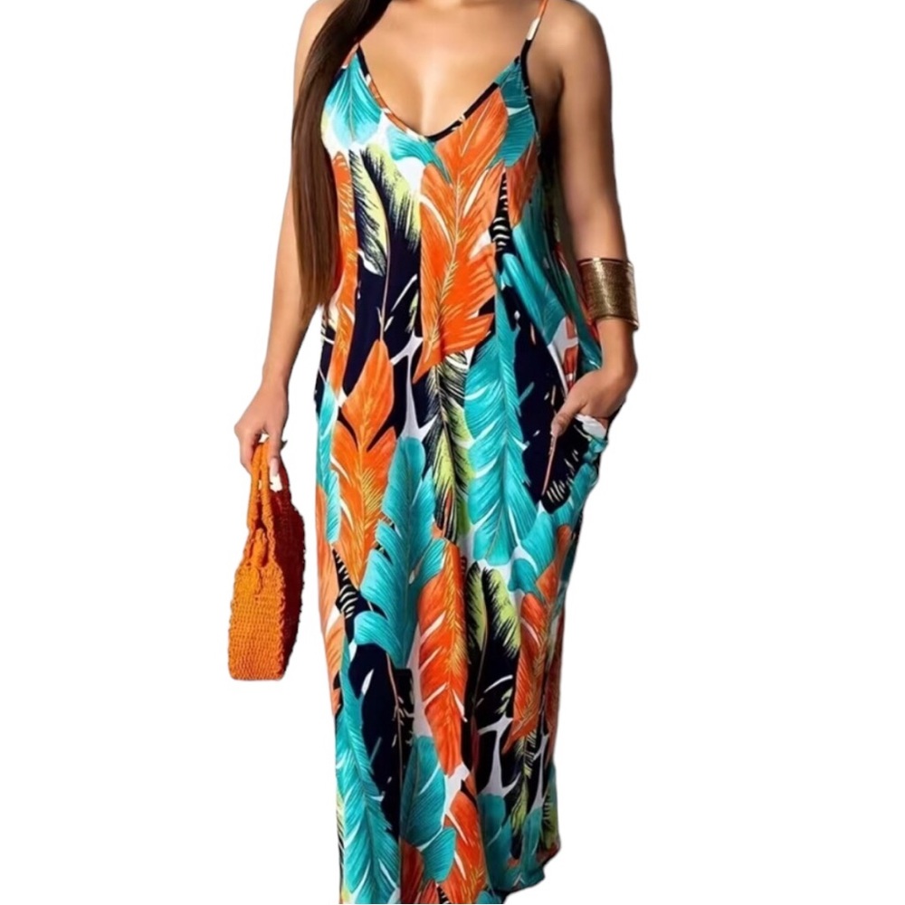 Backless Boho Tropical Leaf Print Maxi Multi-Colored Dress - Picture 2 of 9
